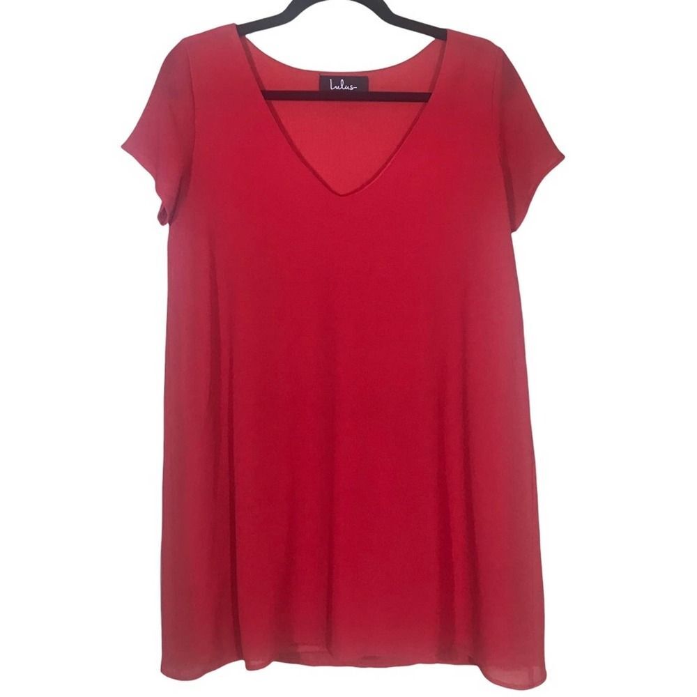 Lulus Mini Dress Womens Small Tart Red Short Sleeve Chiffon V Neck Lined